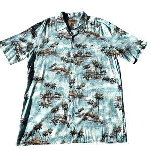 Mens Hawaiian Shirt XLT Blue Palm Tree Hut Beach Tropical Short Sleeve Button-Up